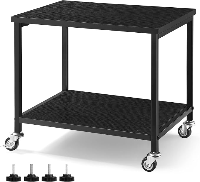 BTY Under Desk Printer Stand Small Printer Table with Storage Shelf 2 Tier Rolling Printer Stand Rack with Lockable Wheels for Office Home Scanner Printer (Black)