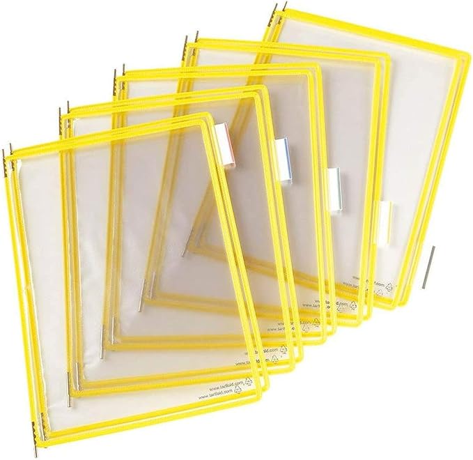 Tarifold Wall Mount Reference System, 10 Pockets, Expandable, Yellow | 10 double-sided PVC pockets hold 20 letter-size sheets, sturdy wall-mount bracket, snap-on index tabs, easy to install