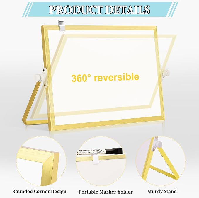 Double-Sided Magnetic White Board with Stand, 12" x 8" (Gold) | Dry Erase Board with Stand, Desktop Whiteboard Easel , Portable Small White board dry erase for Drawing, Office, Home