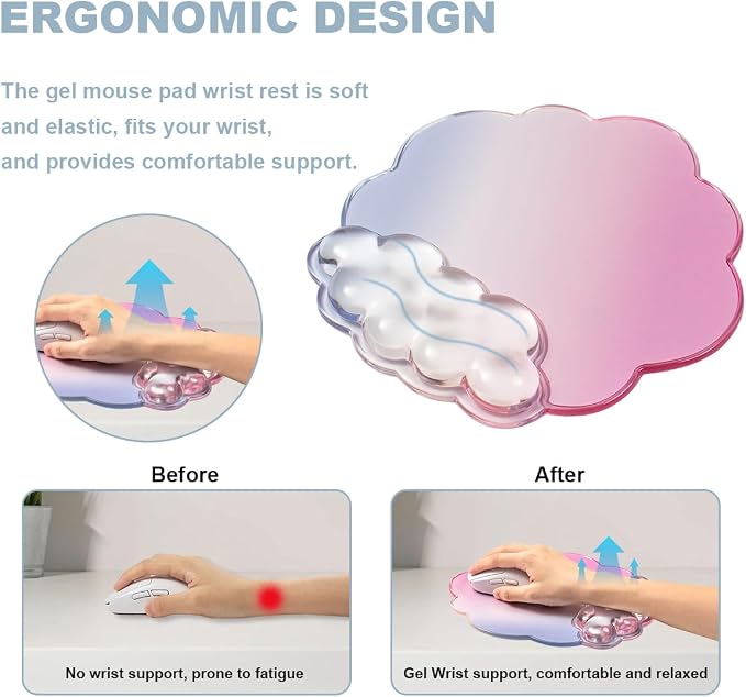 Gel Wrist Rest and Cloud Mouse Pad Support for Keyboard and Mouse - Ergonomic Pink Keyboard Wrist Pad Set for Typing Pain Relief/Computer/Laptop/Gaming/Home/Office (Cloud Shape, Gradient Blue Pink)