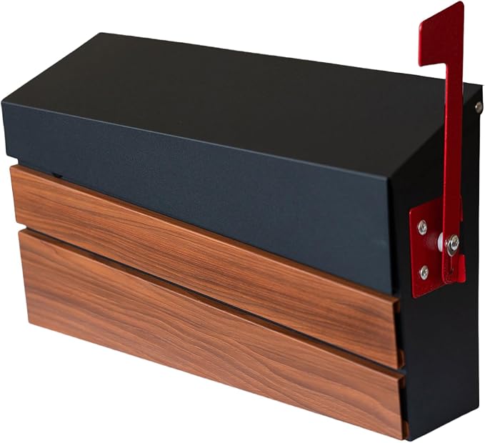 Wall-Mount Mailbox, Wood-Grain Metal Panel, Rust Resistant Large Capacity House Mailbox, Modern Drop Mailboxes for Outside, Metal Post Box with Flag (No Keys Locking)