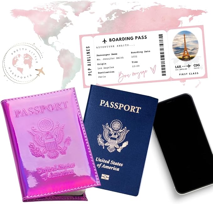 Chrome Passport Cover Vaccine Card Holder Combo, Passport Holder with Vaccine Card Slot (Pink)