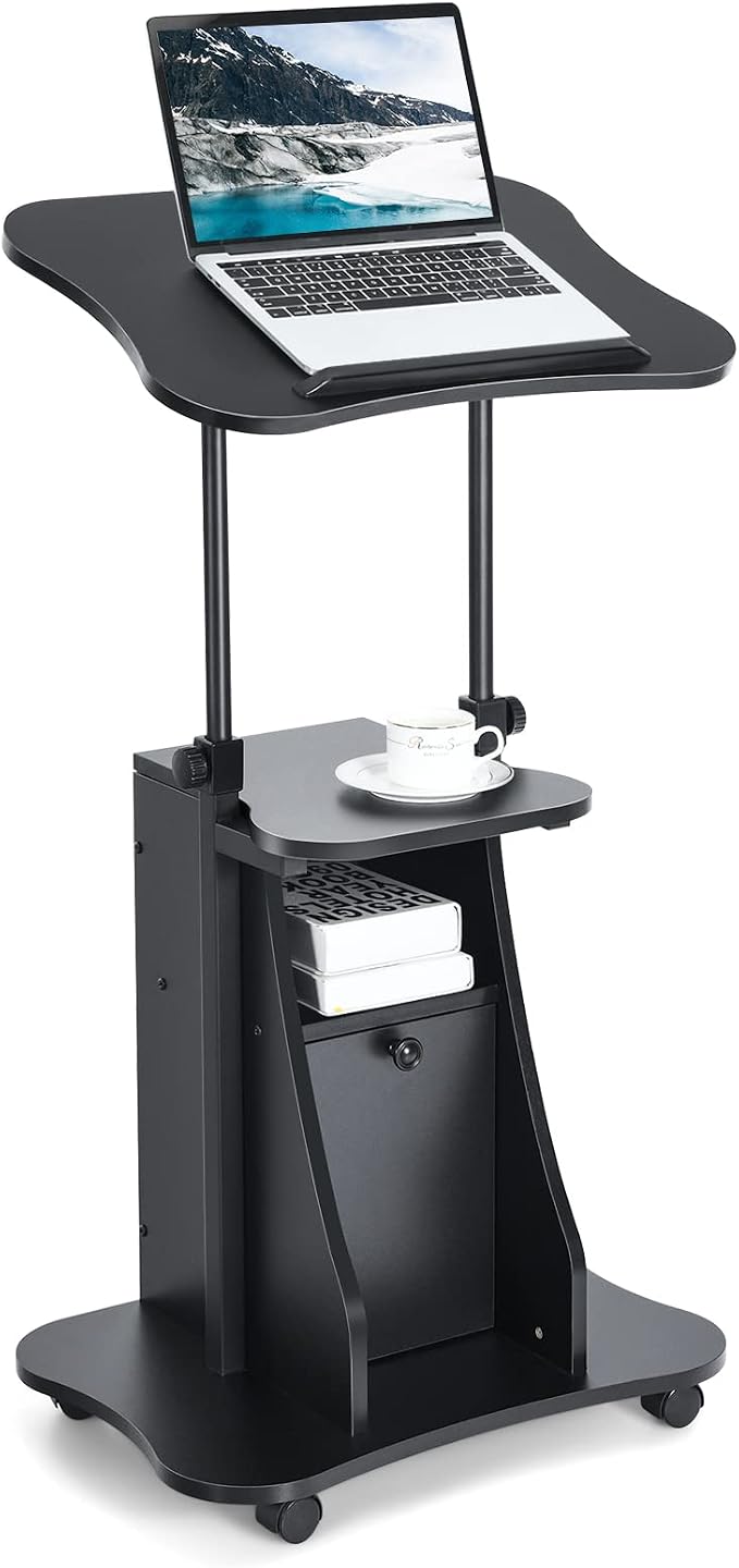 Tangkula Mobile Laptop Podium, Height Adjustable Sit to Stand Desk with Tilting Desktop & Storage Cabinet, Ergonomic Rolling Lectern Cart Laptop Desk, Office Podium Stand on Wheels