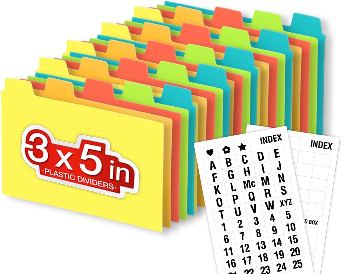 Chell 3x5 Plastic Index Card Dividers, Heavyweight Poly Index Card Guides A-Z for Flash Cards and Recipe Cards, with Alphabetical/Blank Stickers, Pack of 25
