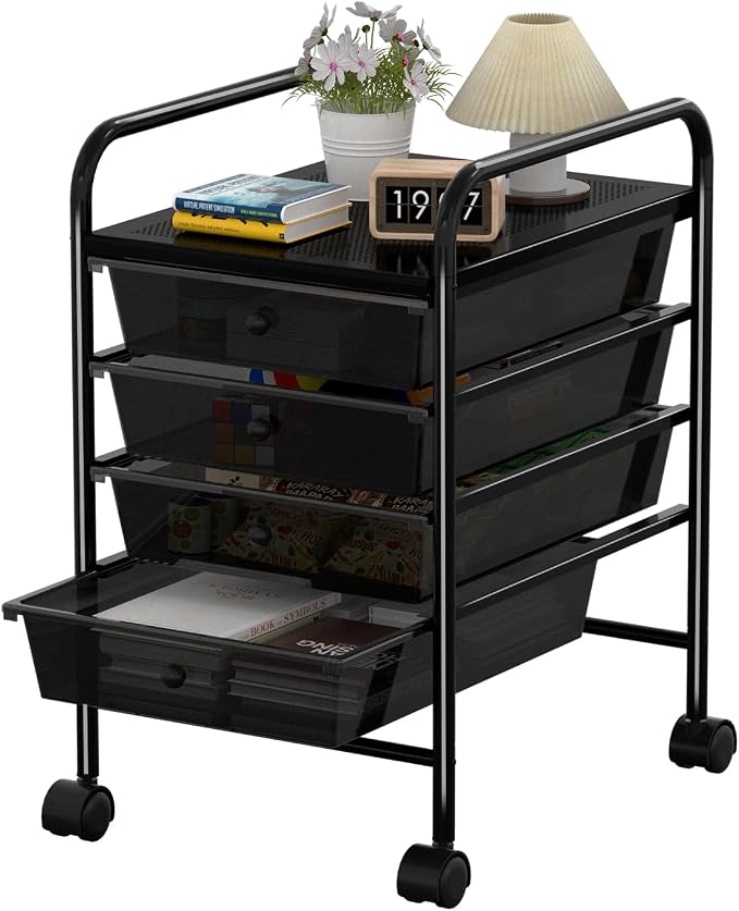 4 Tier Utility Rolling Cart with 4 Drawers Multipurpose Rolling Storage Cart with Wheels and Handles for Office Classroom Kitchen Bathroom Bedroom Organization Black