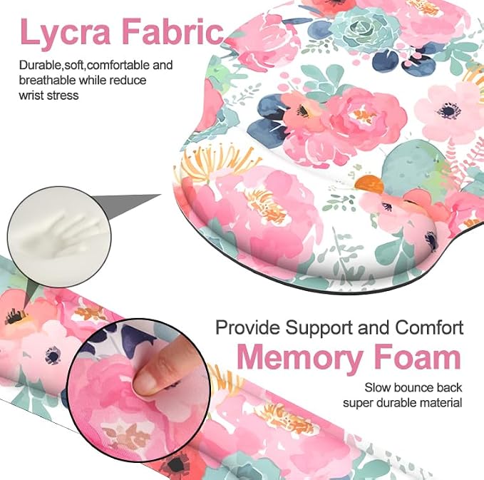Ergonomic Mouse Pad with Wrist Rest and Keyboard Wrist Rest, Mousepad | Memory Foam Wrist Rest for Computer Keyboard, Pain Relief, Non-Slip Base, Pink Mouse Pad Wrist Support for Gaming, Flower