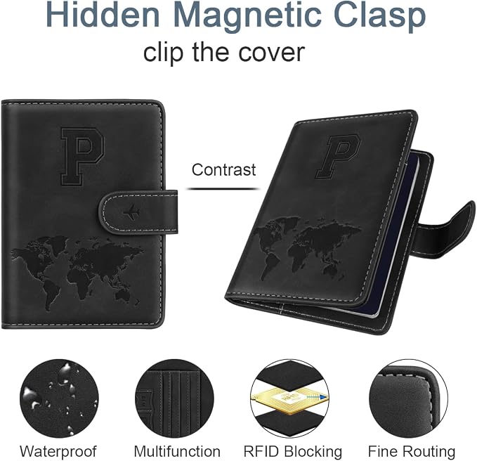 Passport Holder for Travel Essentials Personalized Initial Wallets | Embossed Letter A-Z Design, RFID Blocking, Passport Cover, Passport Book Holders, Men Women, Personalized Gifts, Black-P