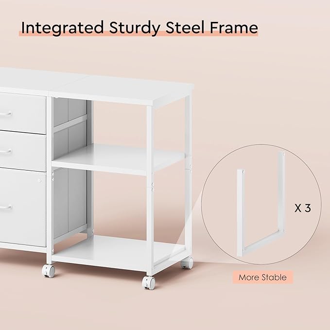 Maihail 3 Drawer File Cabinet with Wheels Rolling Printer Stand with Open Storage Shelf Fabric Lateral Filing Cabinet for Home Office,White