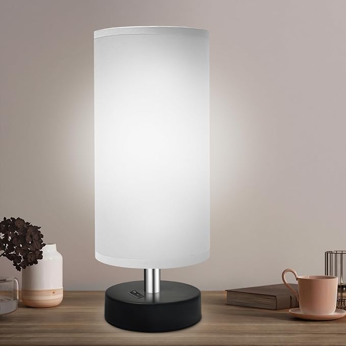 DEGNJU Bedside Table Lamp, Gray Fabric Shade, 11.8 Inch, 1 Pack | Mini Minimalist Design, Round Shade, For Bedroom Night Stands, Desk Reading Lamp, Dorm Room Living Room Office