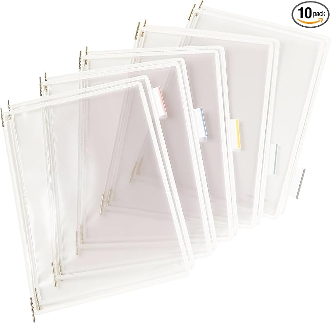 Tarifold Replacement Pivoting Pockets, Letter Size, White, 10 Pack | 10 non-glare wire-reinforced PVC pockets hold 20 letter-size sheets, snap-on index tabs included, top-loading