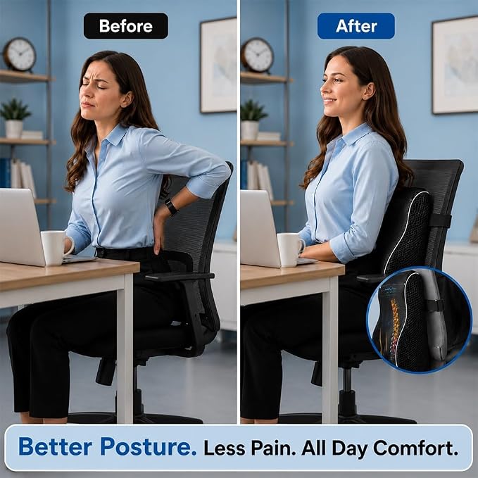 RUKHS Lumbar Pillow, Back Support for Office Chair and Car, Memory Foam | lumbar support for car, back support pillow for office chair, dual adjustable straps, breathable mesh, supports up to 300 lbs