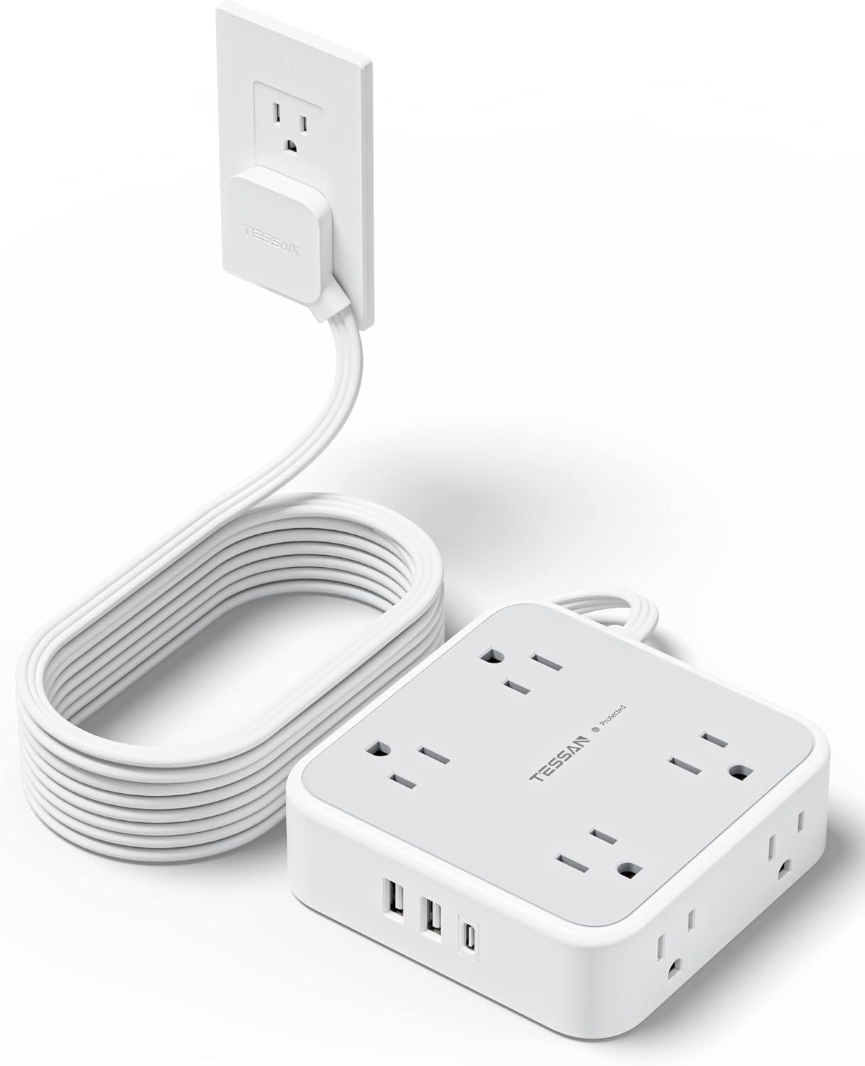 Surge Protector Power Strip 15 Ft Cord, TESSAN 8 Widely Spaced Outlets, 3 USB Charger(1 USB C Port), Ultra Thin Flat Plug Extension Cord 15 Feet, 900J Surge Protection for Home, Dorm Room Essentials