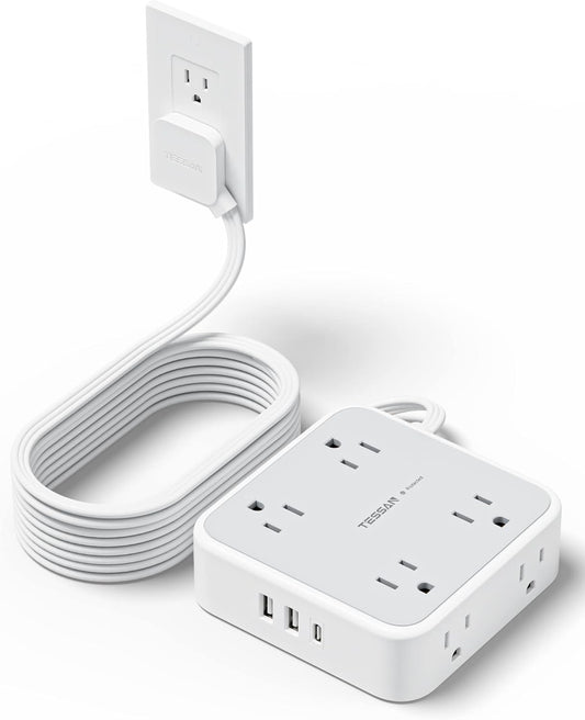 Surge Protector Power Strip 15 Ft Cord, TESSAN 8 Widely Spaced Outlets, 3 USB Charger(1 USB C Port), Ultra Thin Flat Plug Extension Cord 15 Feet, 900J Surge Protection for Home, Dorm Room Essentials
