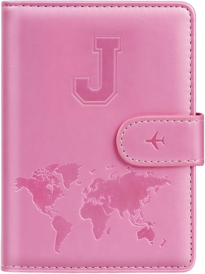 Passport Holder Cover Initial Letter A-Z Travel Wallet Personalized | Travel Essentials, Embossed Design, RFID Blocking, Personalized Gift, Passport Book Holders for Women Girls, Pink-J