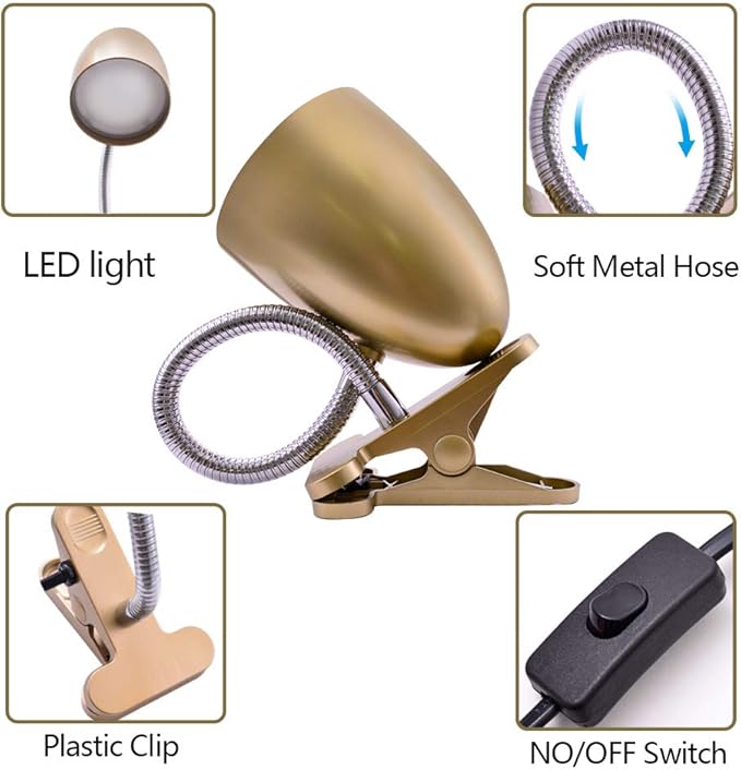 E ENERGETIC LIGHTING Clip on Light for Bed, Non-Dimmable Clip on Reading Light for Bed, 4000K Cool White, 3.5W 240 LM Desk lamp with clamp, Eye Protection, ETL Listed, Gold