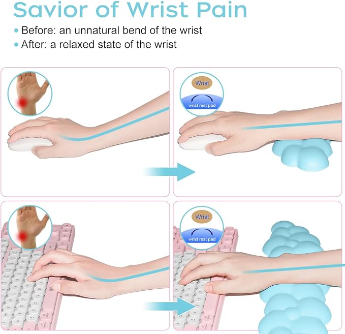 JIKIOU Upgrade Leather Cloud Wrist Rest for Keyboard and Mouse & Cup Pad | Wish Gift-Cute Cloud Shape, Comfortable and don’t Irritate to Skin, Non-Slip PU Base,Soft Memory Foam filled for Pain Relief