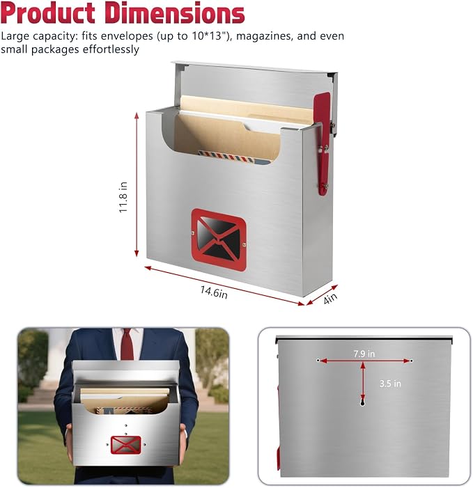 Stainless Steel Wall-Mount Mailbox for House,Rust-Proof Metal Mail Boxex, Large Capacity Post Box,Mailboxes for Outside(Triangle No Lock)