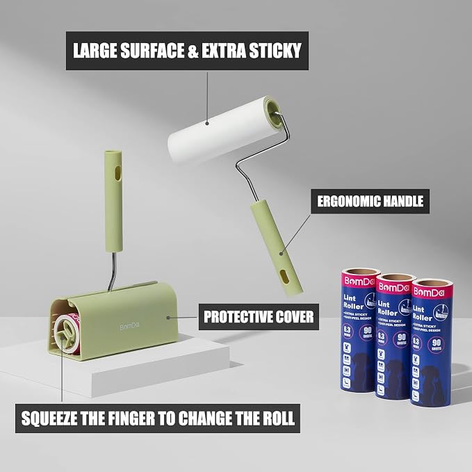 Extra Sticky Large Surface Lint Roller, 6.3''Wide Roller for Pet Hair | Long Handle Lint Remover for Couch, Furniture, Clothes, Dog & Cat Hair Remover (4 Refills / 360 Sheets)