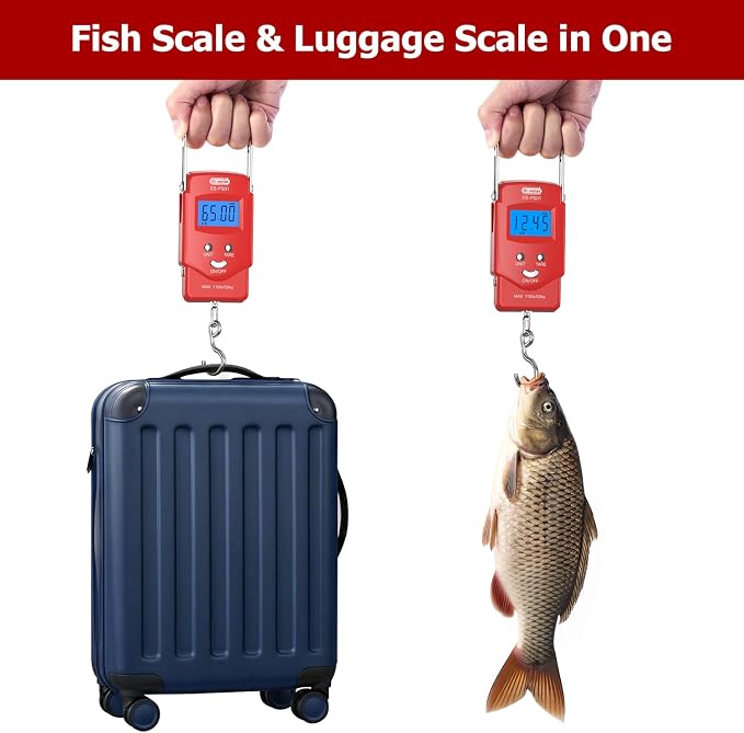 Dr.meter Fish Scale, 110 lb Digital Luggage Scale with Tape | 110 lb Capacity, Backlit LCD, Built-In Tape, Includes 2 AAA Batteries, Compact Pocket Size