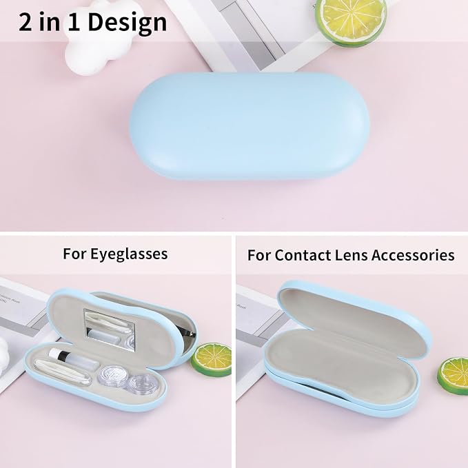 2 in 1 Contact Lens Case and Eyeglasses Case for Women Men Kids, Double Sided Hard Shell Portable Glasses Travel Holder with Built-in Mirror, Contact Lens Box (Sky Blue)