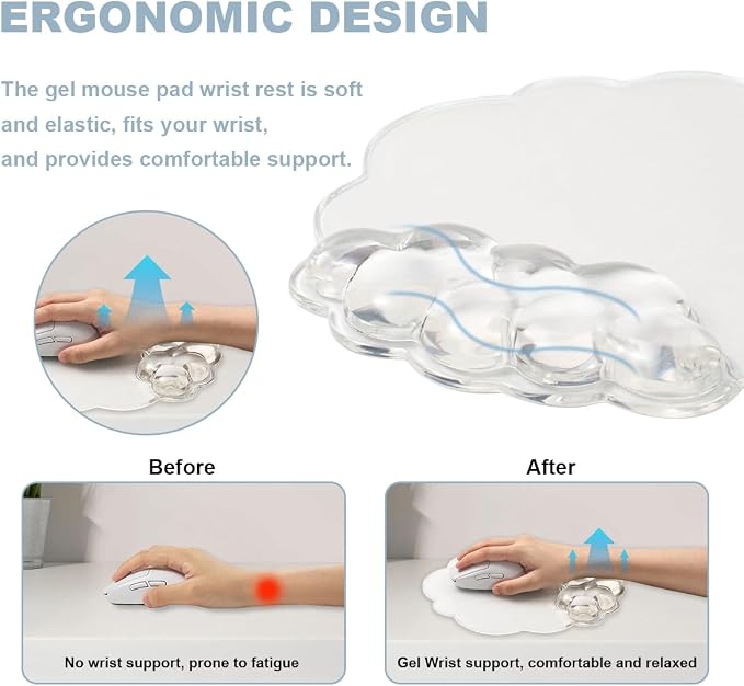 Clear Cloud Wrist Rest and Gel Mouse Pad for Keyboard Ergonomic Wrist Pad | Cooling Comfort Pain & Fatigue Relief Easy to Clean Office Accessories