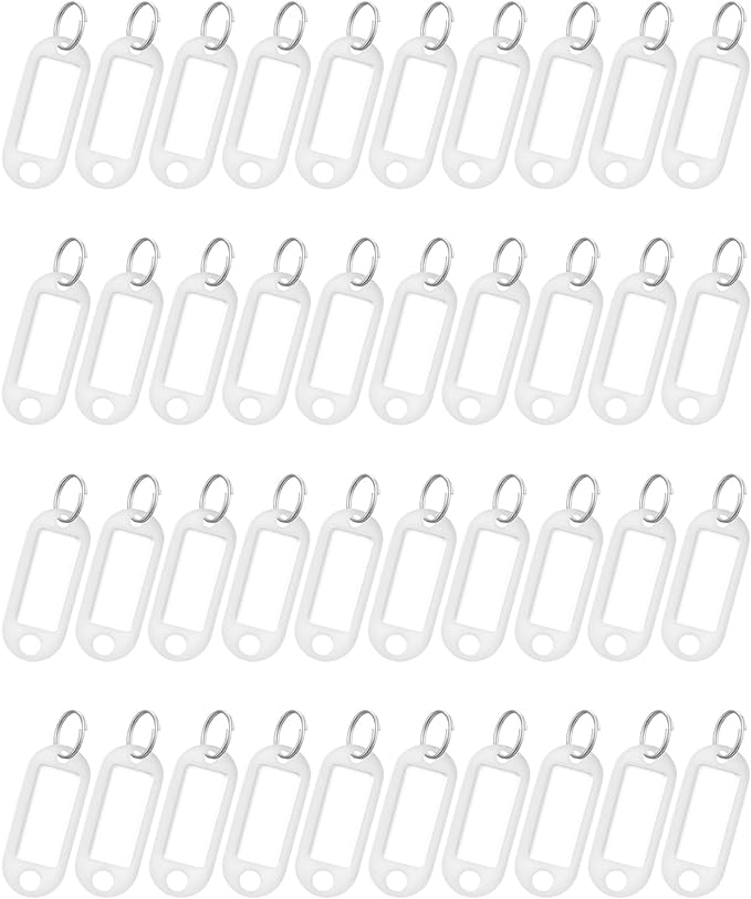 Uniclife 40 Pieces Key Tags 2 Inch Soft Plastic Key Chain Tags with Blank Paper Labels Clear Windows Protective Films and Split Rings Flexible Item Identifiers, White