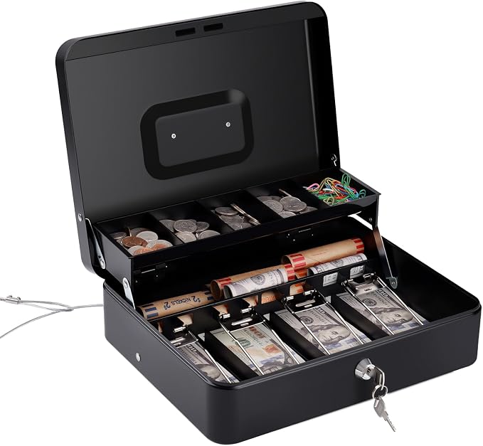 Sumerfnt Cash Box with Money Tray and Lock Money Box with Security Cable, Metal Locking Cash Box - 11.8" x 9.4" x 3.54" Black