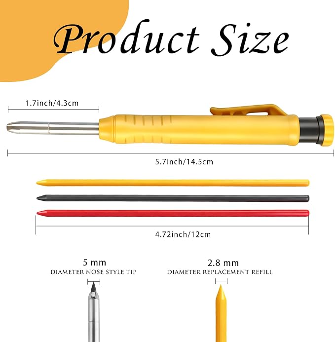 12 Pcs Solid Carpenter Pencils with Built in Sharpener Long Nosed Deep Hole Mechanical Pencil Marker Construction with 72 Pcs 2.8mm Refills for Drafting Architect Tool Woodworking