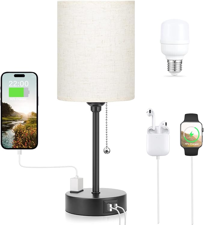 Small Bedside Table Lamp for Bedroom - Desk Lamp with USB Ports for Dorm | USB A+C Ports, AC Outlet, 3 Color Temperatures, LED Bulb Included, 14" Night Stand Lamp