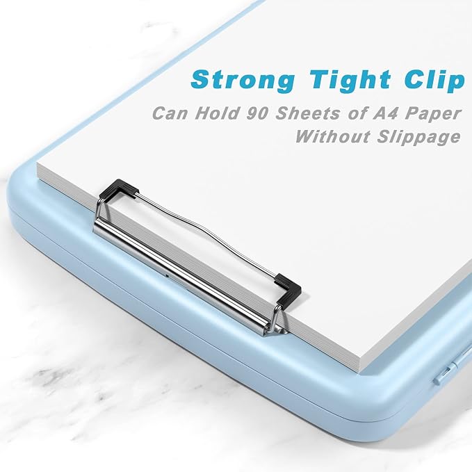 Rimilak Clipboard with Storage, 8.5 x 11'' High Capacity Clip Board, Blue | Smooth Writing, Side-Opening Plastic Folder with Pen Holder, Size 14.2 x 9.6 x 1.2″ ,for Classroom, Teacher, Student