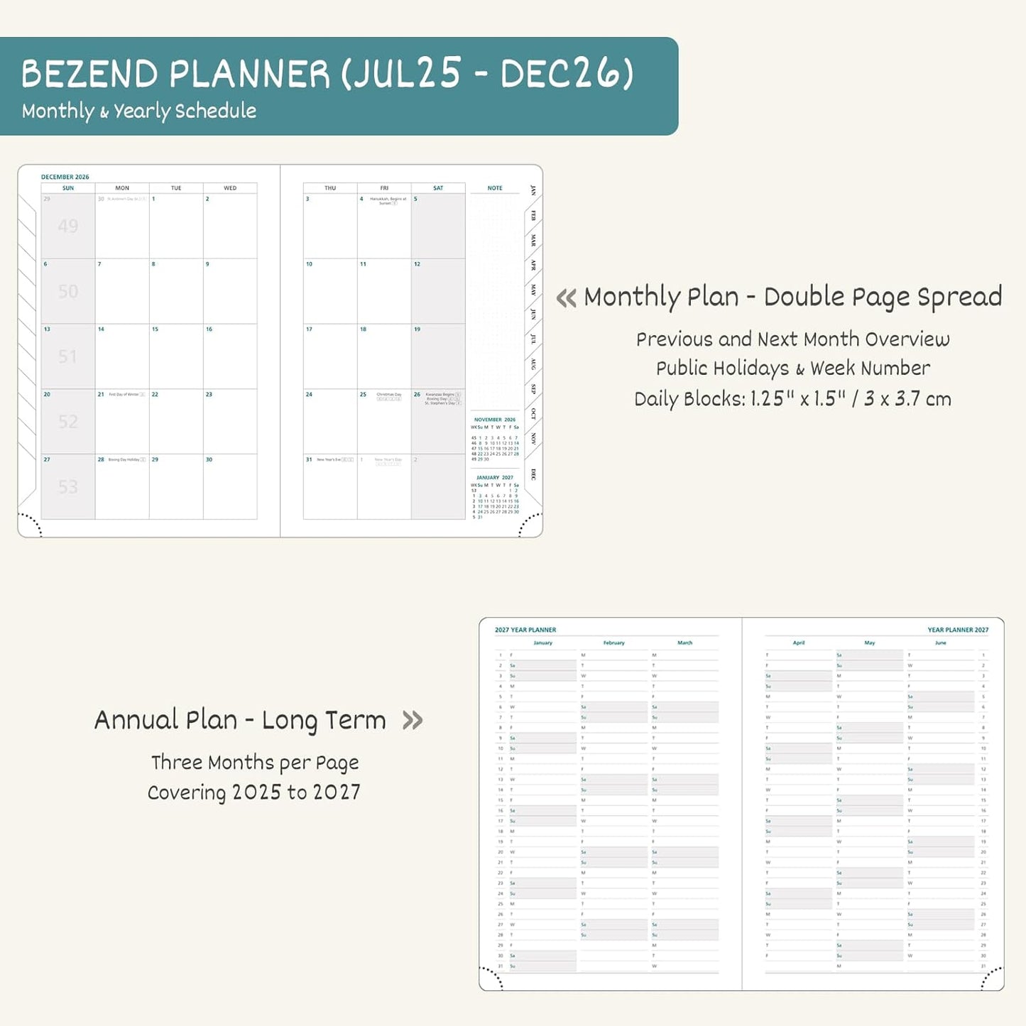 BEZEND Planner 2025-2026 Weekly and Monthly, 5.8" x 8.5" Academic Calendar (Jul 25-Dec 26) Vertical Daily Appointment with Hourly Timeslot & Monthly Tab, PU Leather Hardcover - Black