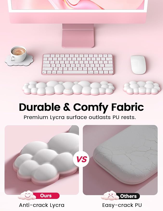 Vaydeer Cloud Keyboard Wrist Rest Set – Ergonomic Memory Foam Wrist Pad for Computer, Laptop & Gaming, Non-Slip Cute Desk Accessories for Office(Keyboard Rest + Mouse Rest + Coaster)