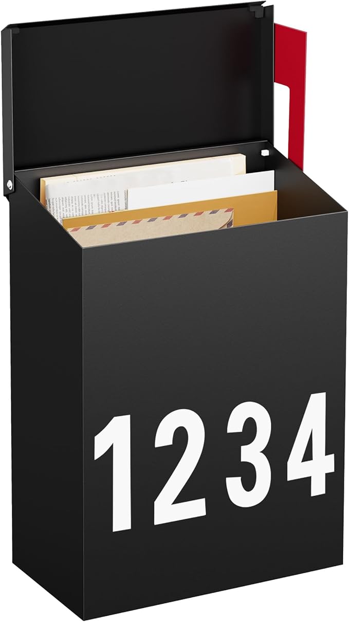 LAND·VOI Wall-Mount Mailbox with One Flag Kit and Three Sets of 0-9 Mailbox Number Stickers, Mailboxes for Outside, Galvanized Steel Rust-Proof Metal Post Box, 3.9" D x 7.1" W x 10.24" H Black AMB05B
