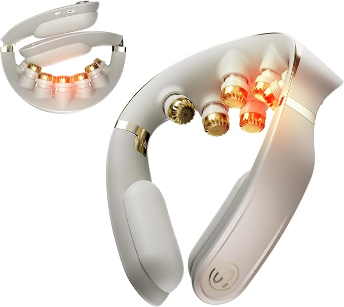 SKG Foldable Neck Massager for Pain Relief Deep Tissue Vibration Cordless Travel Massager,Portable 3D Neck Massager for Office Home Car Travel Gold Titanium Neck Massager 3.0 Valentine Gifts