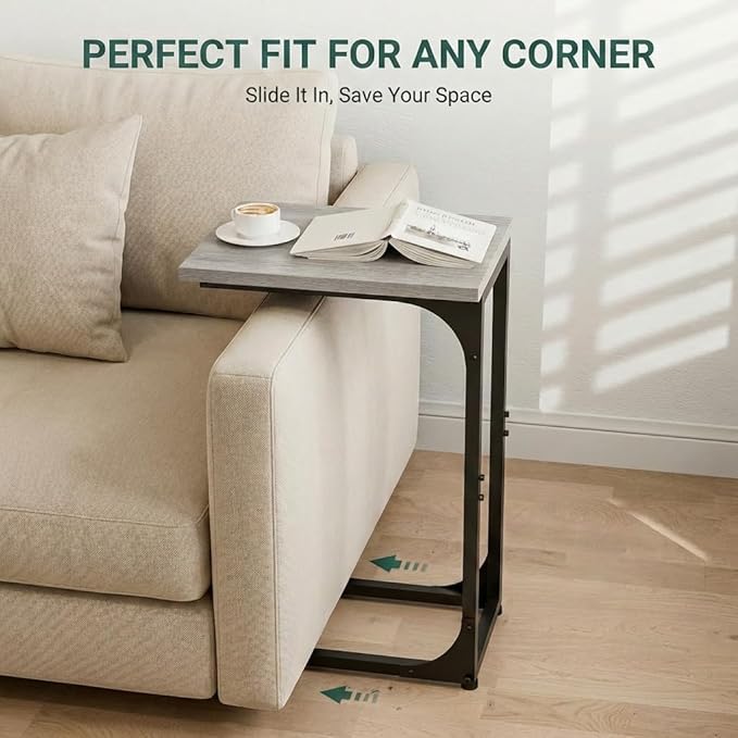 TEMI C Shaped End Table for Couch, Set of 2 Small Side Table for Sofa, TV Tray for Eating or Laptop, Accent Desk for Chair, Space Saving for Living Room Bedroom, Greige