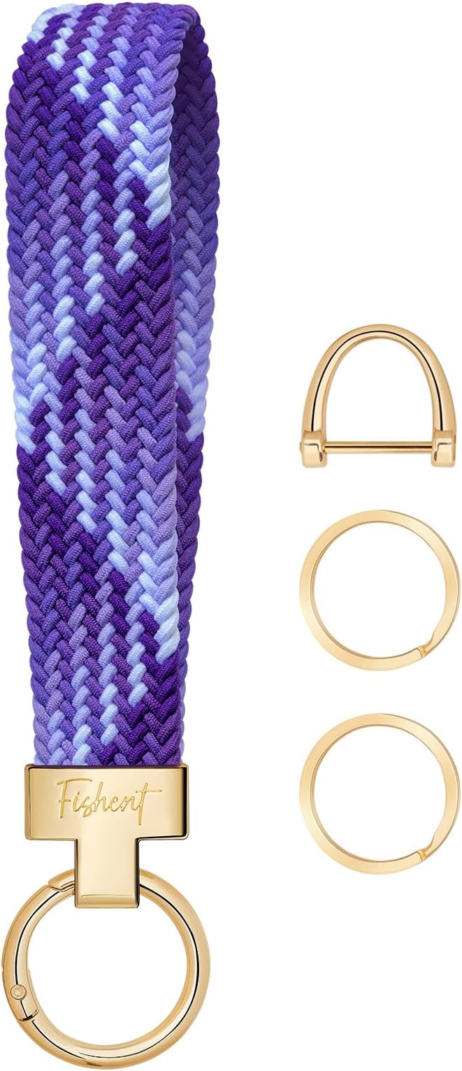 Fishent Stretchy Wristlet Keychain, Cute Key Chain, Woven Wrist Lanyard for Car Keys with 3 Keyrings and D-ring for Women Men