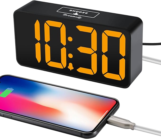 DreamSky Small Digital Alarm Clock for Bedroom with Large Big Numbers | Electric Bedside Desk Clock with USB Charging Port, Brightness Dimmer, Adjustable Alarm Volume, USB-C Adapter Powered
