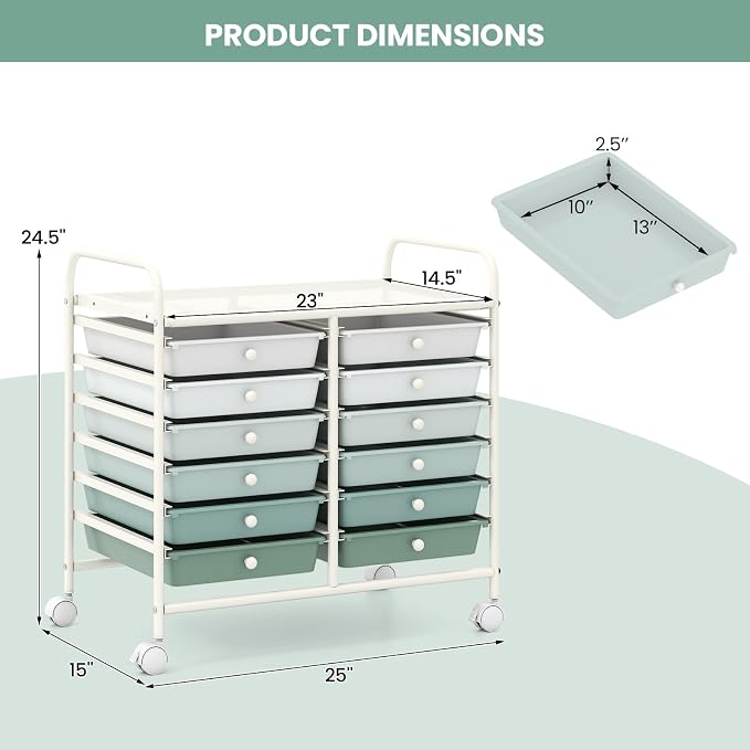 RELAX4LIFE 12-Drawer Rolling Storage Cart - Mobile Utility Cart on Wheels for School Classroom Teacher Office Salon, Paper File Art Supply Craft Organizer, Rolling Cart with Drawers (Gradient Green)
