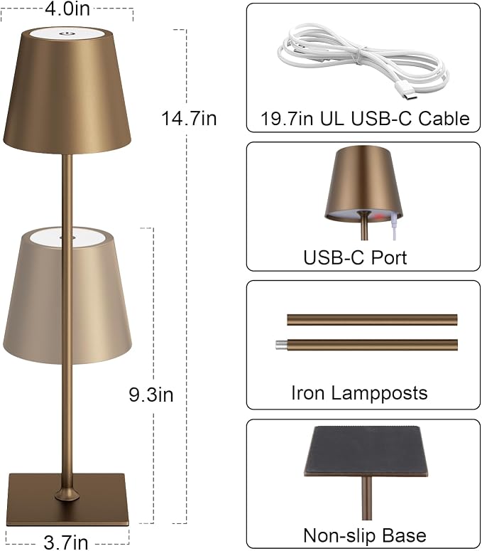 Kakanuo Brown Cordless Rechargeable Table Lamp 5000mAh Battery Operated Lamps, 3 Colors Stepless Dimming Touch Lamp for Living Room, Kitchen Counter, Dining, Outdoor Patio, 2 Pack