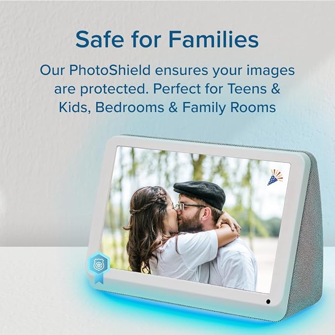 PhotoShare MyLuma LED 7” WiFi Digital Photo Frame with LEDs and Soft Touch Back Panel | Send Photo or Video from Phone to Digital Picture Frame | White Lightning Finish