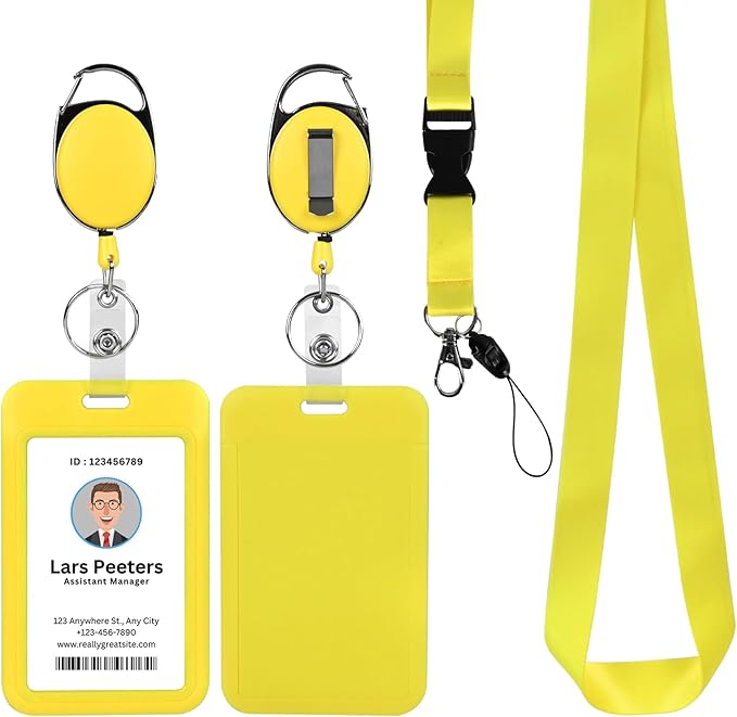 Yellow Lanyard with Vertical Id Holder, Retractable Heavy Duty Oval Carabiner Clip, ABS Casing Badge Holders,for Teacher Student Nurse Office