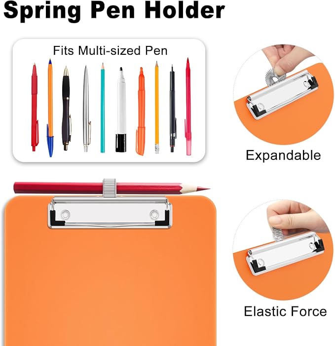 Hongri A5 Clipboard with Storage, Metal Retractable Pen Holder, Orange | 6 x 9'' Nursing Plastic Foldable Clip Board, Size 9.4 x 6.1 x 0.9 in, Menu Box for Work, Office & School Supplies