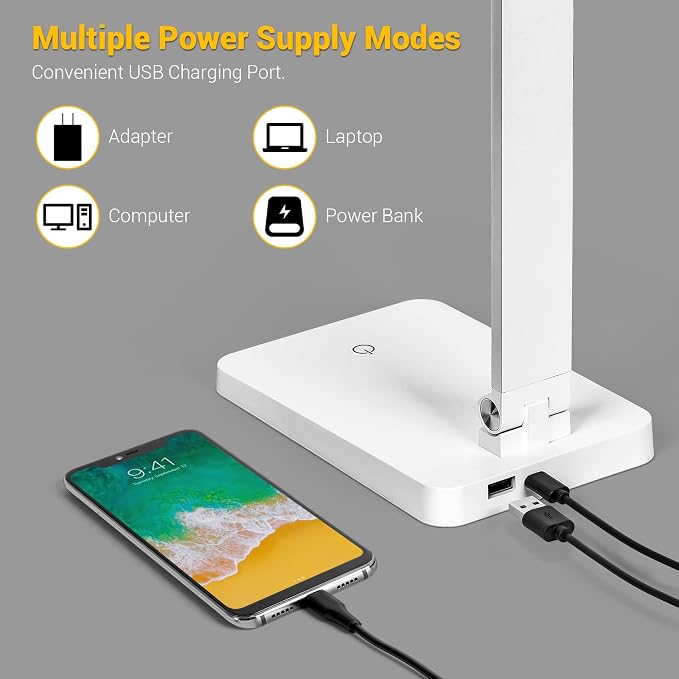 LED Desk Lamp for Home Office, 3 Levels Dimmable Desk Light with USB Charging Port, Reading Lamp for Table Study Work Office Nail Craft Puzzle, White, 5000K