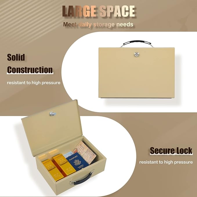 xydled Fireproof Document Box with Key Lock, Fire Safe Box, Sand | Fire and water resistant lock box for documents, passports, cash and valuables, keeping secure at home, 12.8 x 8.5 x 4.5 Inch
