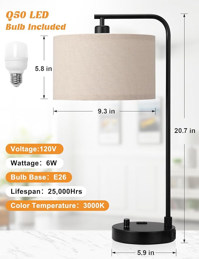 20.7" Tall Table Lamp with USB & Outlet, Fully Dimmable Nightstand Lamp | Linen Lampshade, USB Port and Outlet, Black Desk Lamp for Bedside, Living Room, Guest Room, Home Office, LED Bulb Included