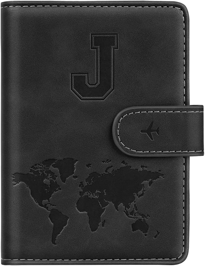 Passport Holder for Travel Essentials Personalized Initial Wallets | Embossed Letter A-Z Design, RFID Blocking, Passport Cover, Passport Book Holders, Men Women, Personalized Gifts, Black-J