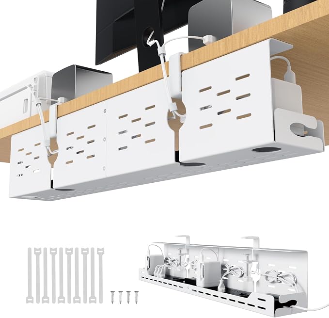 Univivi Under Desk Cable Management Tray, Cable Management, 32 inch, White | Durable Steel Material, Desk Cable Management with No-Drill C-Clamp and Screw Mount, Cord Management for Office/Home