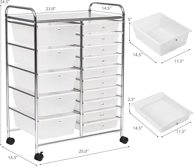 15 Drawer Rolling Storage Cart, Rolling Cart with Drawers for Classroom, Art Supply Craft Organizer on Wheel with Metal Frame & Handles for Home Office School