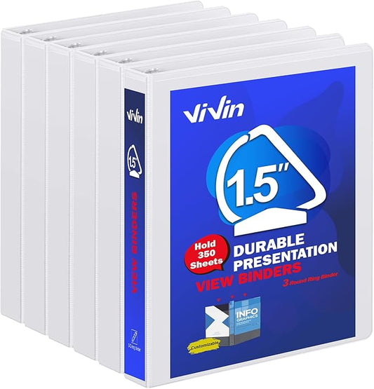 3 Ring Binder 1-1/2 Inch, ViVin Sturdy 1.5"-Slant D Ring Binder with 2 Interior Pockets, Clear View Cover, PVC-Free, Fits 350 Sheets of US Letter Size Paper (6 Pack, White)
