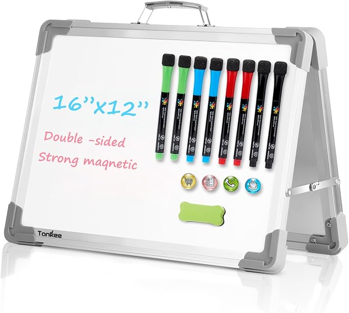 Dry Erase Board 16x12 Inches Double Sided Magnetic Small Whiteboard | Portable, Foldable, With Stand, Magnetic, Desk Top White Board for School Classroom Homeschooling Office Home Teacher Student